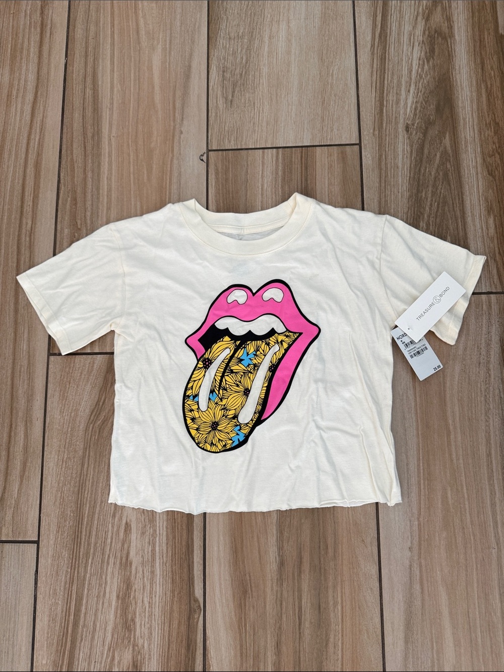 Treasure & Bond Cream Tee with Pink Lips & Yellow Floral Tongue